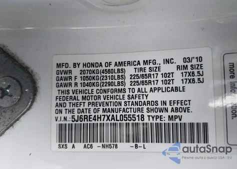 2010 Honda Cr-V Ex-L из США, поврежденный, VIN 5J6RE4H7XAL055518